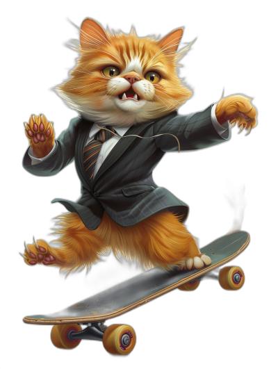 digital art of happy orange cat in suit and tie, riding on skateboard , black background, cute