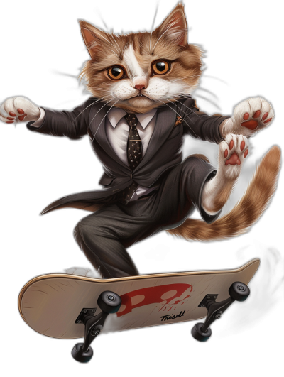 A realistic digital illustration of an anthropomorphic calico cat in a business suit and tie, doing a kickflip on a skateboard, against a black background, in the style of a t-shirt design, with high contrast.