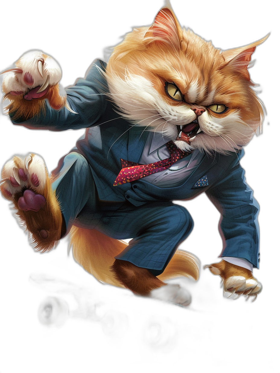 character design of an orange cat in a business suit, jumping and showing his claws against a black background, digital art in the style of [Artgerm](https://goo.gl/search?artist%20Artgerm), comic book style fantasy illustration