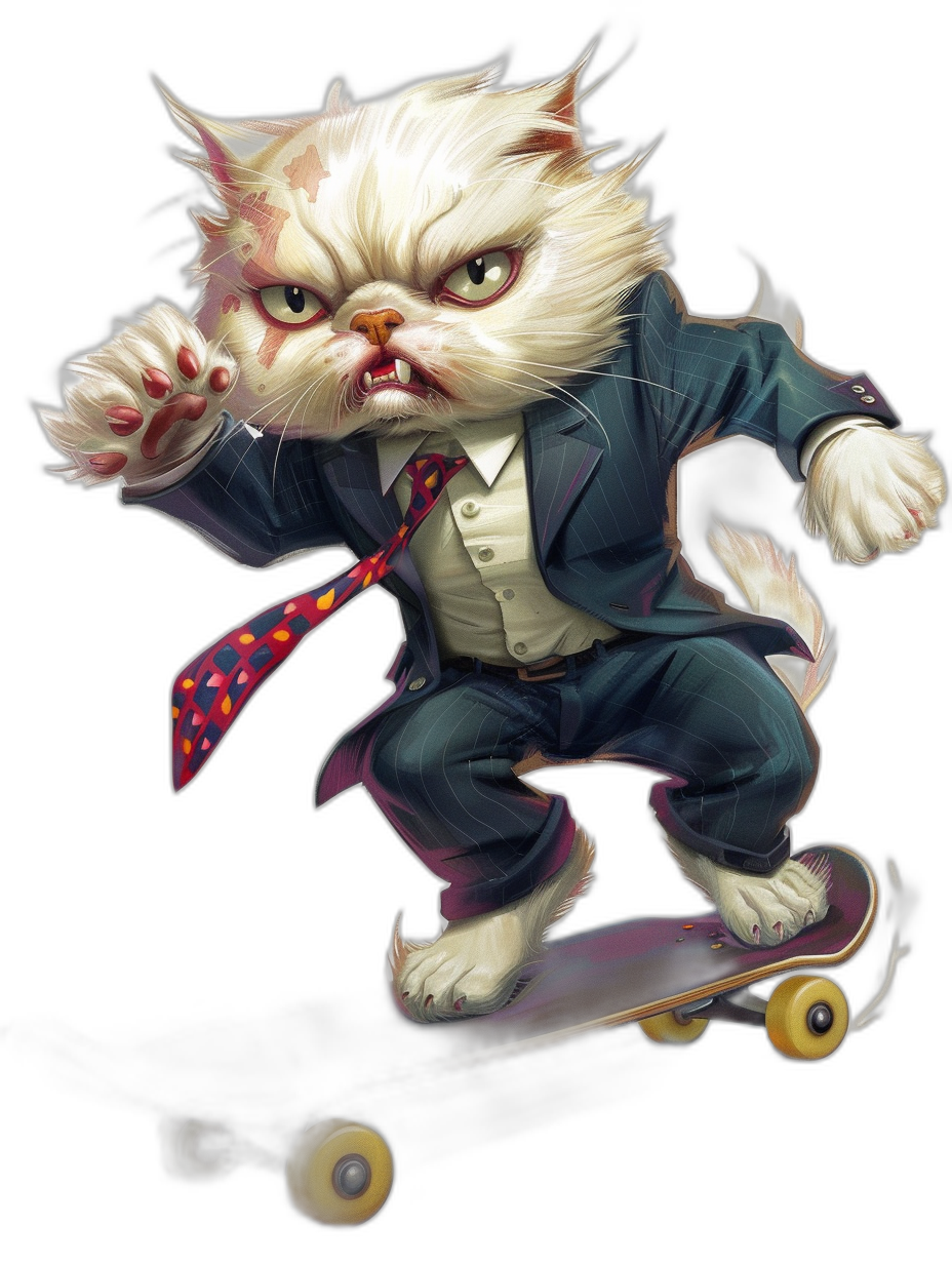 character design of an angry white cat in a business suit and tie, riding on a skateboard, black background, in the style of digital art.