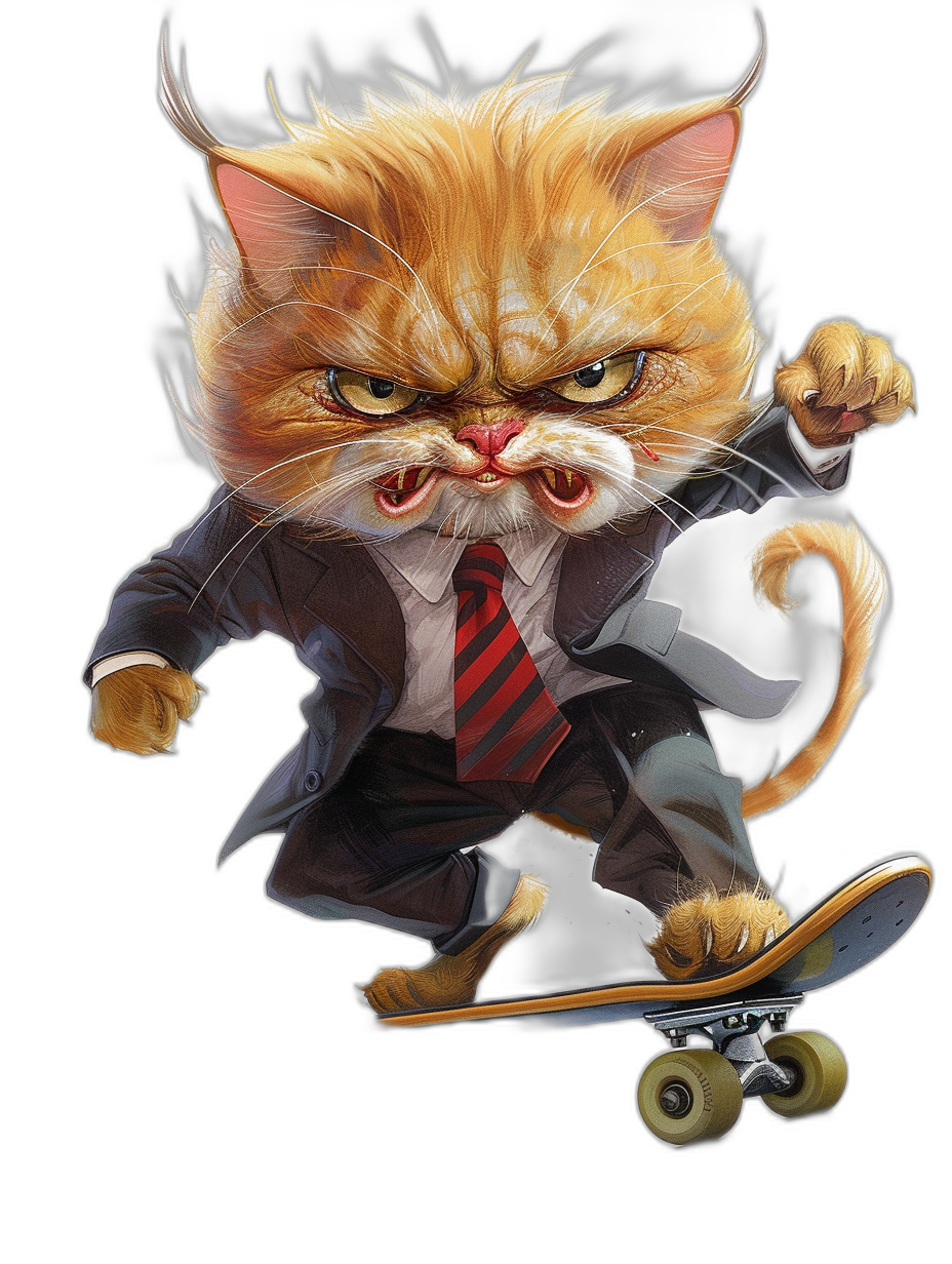 realistic digital illustration of an angry ginger cat in business suit and red tie, playing skateboard on black background, by “Redling” artist style, high resolution, high details, sharp focus, high contrast, high quality,