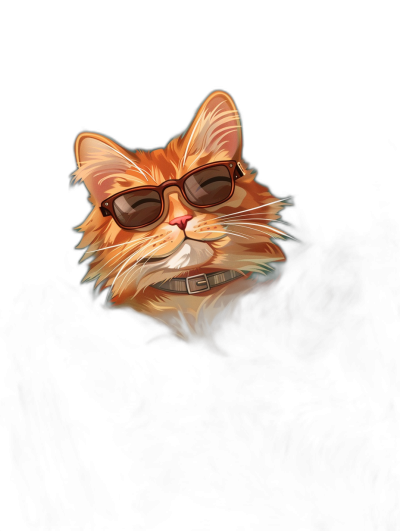 illustration of cute smiling ginger cat with sunglasses, vector art, flat design, black background, high contrast, digital painting, high resolution, high details, smooth lighting and shadows