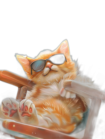 digital art of cute and fat orange cat , wear sunglasses, sleeping on the chair in office with black background , chill happy expression , minimal style , chilling happy and funny pose + white paws + soft-focused realism, cartoonish elements, digital airbrushing technique, high resolution photo, digital painting, air brush drawing