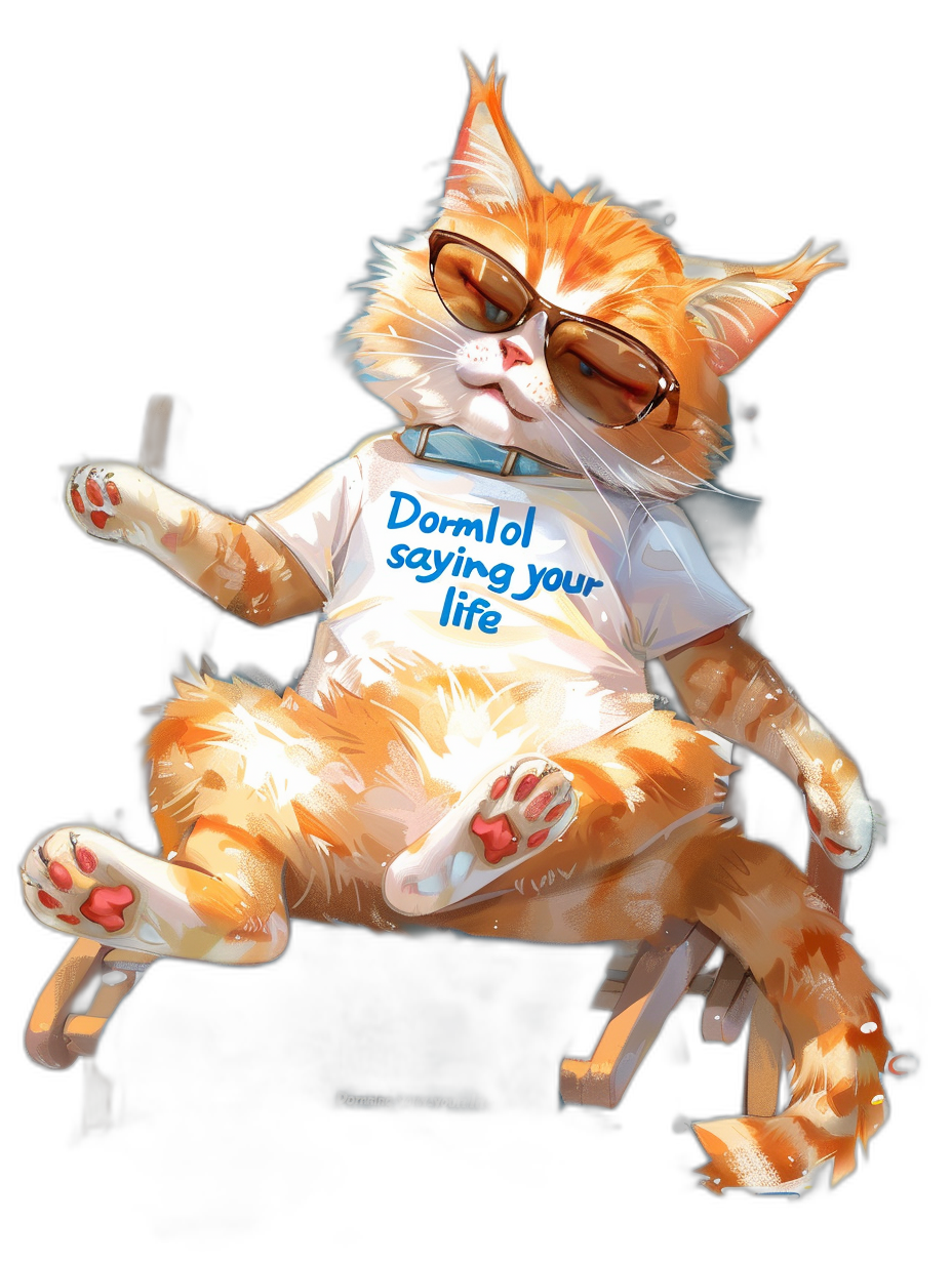 A happy orange cat wearing sunglasses and a white t-shirt with blue text “DormUNTol says you’re cool in your life”, sitting on top of a table against a black background, in the style of anime.