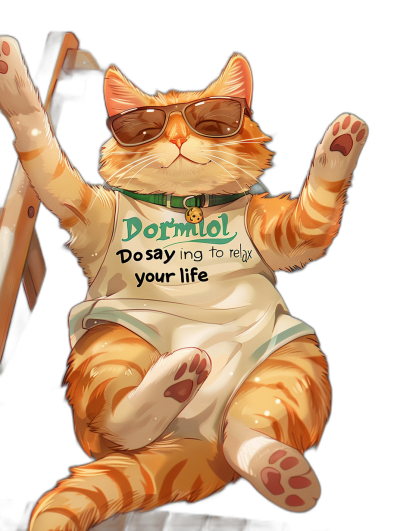 A cute fat orange tabby cat wearing sunglasses and a white short sleeve t-shirt with the words "Doraemon says do not say you like your life", sitting on top of an office chair, holding up his legs to give him two paws in the air, in the style of anime, black background, full body shot, high resolution, hyper detailed, cute, funny.