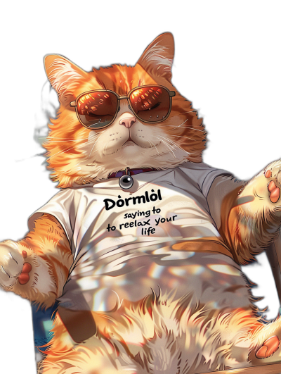 A fat ginger cat wearing sunglasses and a t-shirt with the text "Dormahr saying to covid I will Down Netflix your life", sitting on an armchair against a black background, in the style of anime.