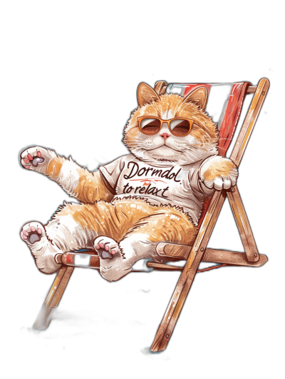 A realistic happy cat sitting in an beach chair, wearing sunglasses and t-shirt with the text "Dorm linea to relax", comic style illustration by [Tim Burton](https://goo.gl/search?artist%20Tim%20Burton) on black background, full body shot, wide angle view