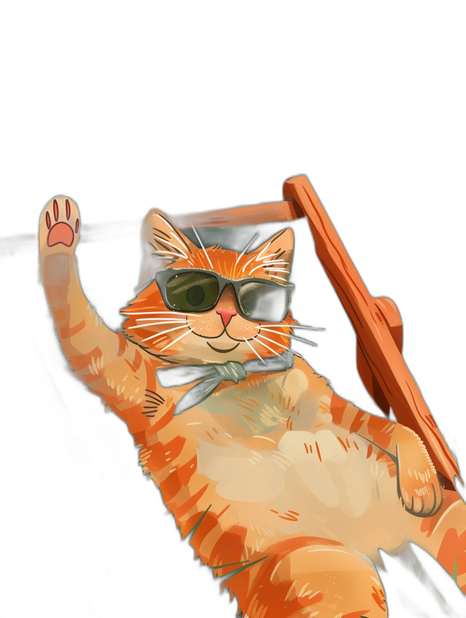 digital art of a cool cat wearing sunglasses, an orange tabby, lying on a chair with one paw up and the other paw waving to the camera, against a black background, in the style of a cartoon