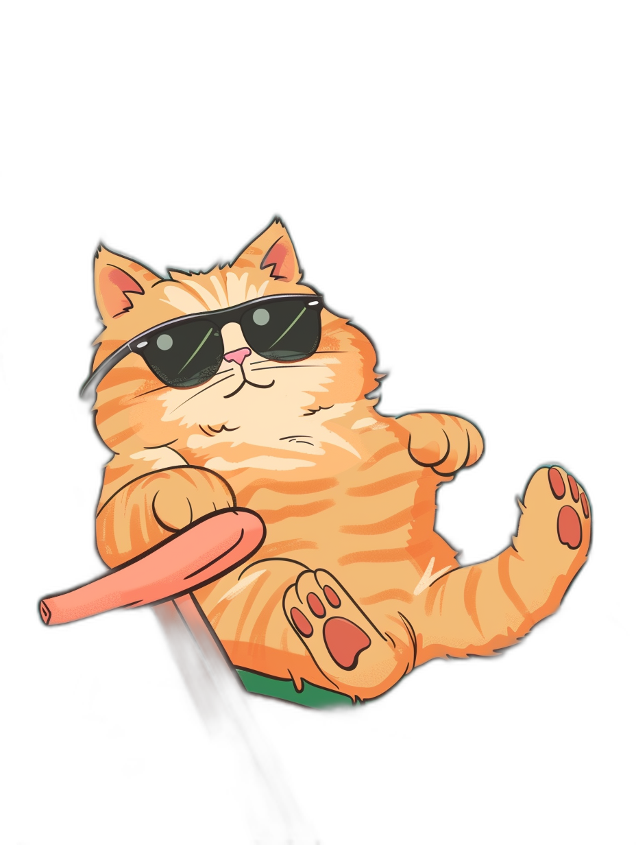 Sticker Design, Orange Cat Wearing Dark sunglasses and lounging on an oversized sausage that is slightly larger than normal, Black Background. The cat is depicted in the style of immersive.