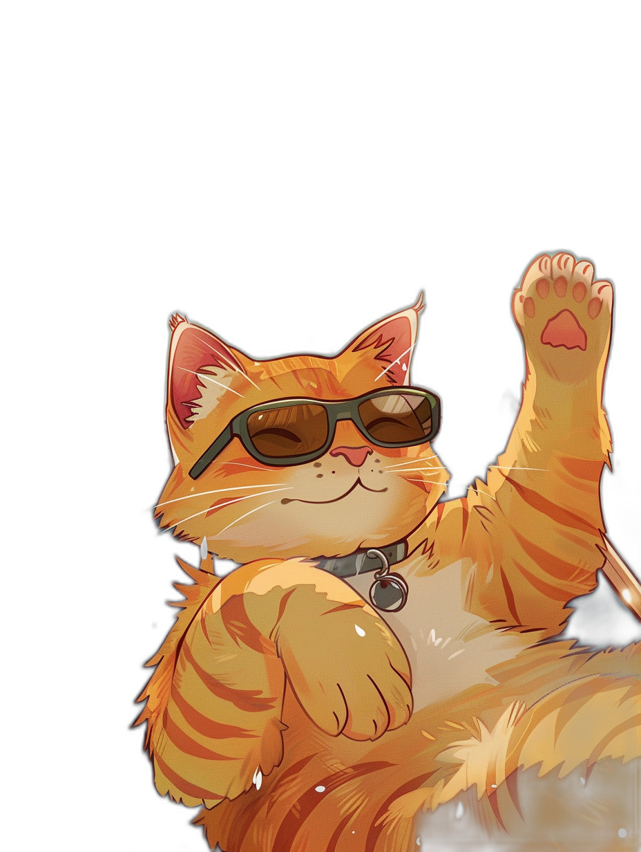 digital art of a cute and cool orange cat, wearing sunglasses, waving its paw in the air against a black background in the style of Ghibli studio animation. The cat is depicted in a cartoon style with a lofi anime aesthetic. The full-bodied cat has a smiling, happy face and could serve as a cute painting illustration for kids.