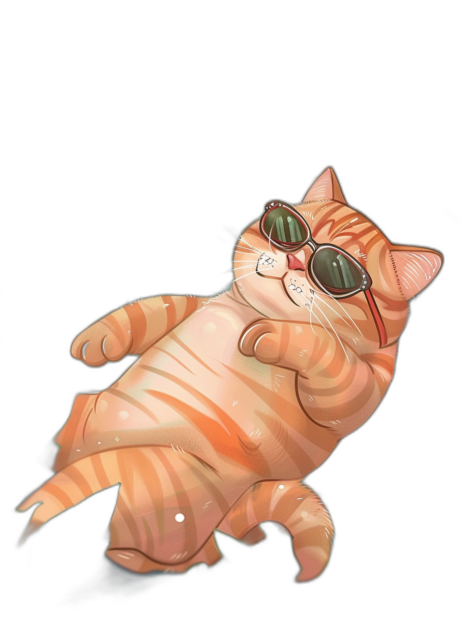 A cartoon illustration of an orange cat wearing sunglasses floating in the air against a black background, a full body portrait showing its chubby belly and paws, in the digital art style.