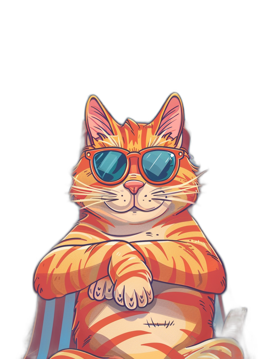 A cartoon illustration of an orange cat wearing sunglasses, sitting on top of a bag with blue and white stripes in front view, using simple shapes, digital art in the style of [James Gilleard](https://goo.gl/search?artist%20James%20Gilleard), with a dark black background, in a vector design style, with highly detailed artwork.