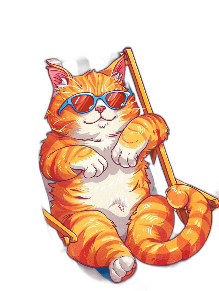 A fat orange cat with sunglasses playing pool in the style of vector art on a black background, t-shirt design graphic, detailed, isolated on a dark backdrop, cartoon, professional illustration, bright pastel colors, intricate details, bold color palette, sharp focus, high resolution.