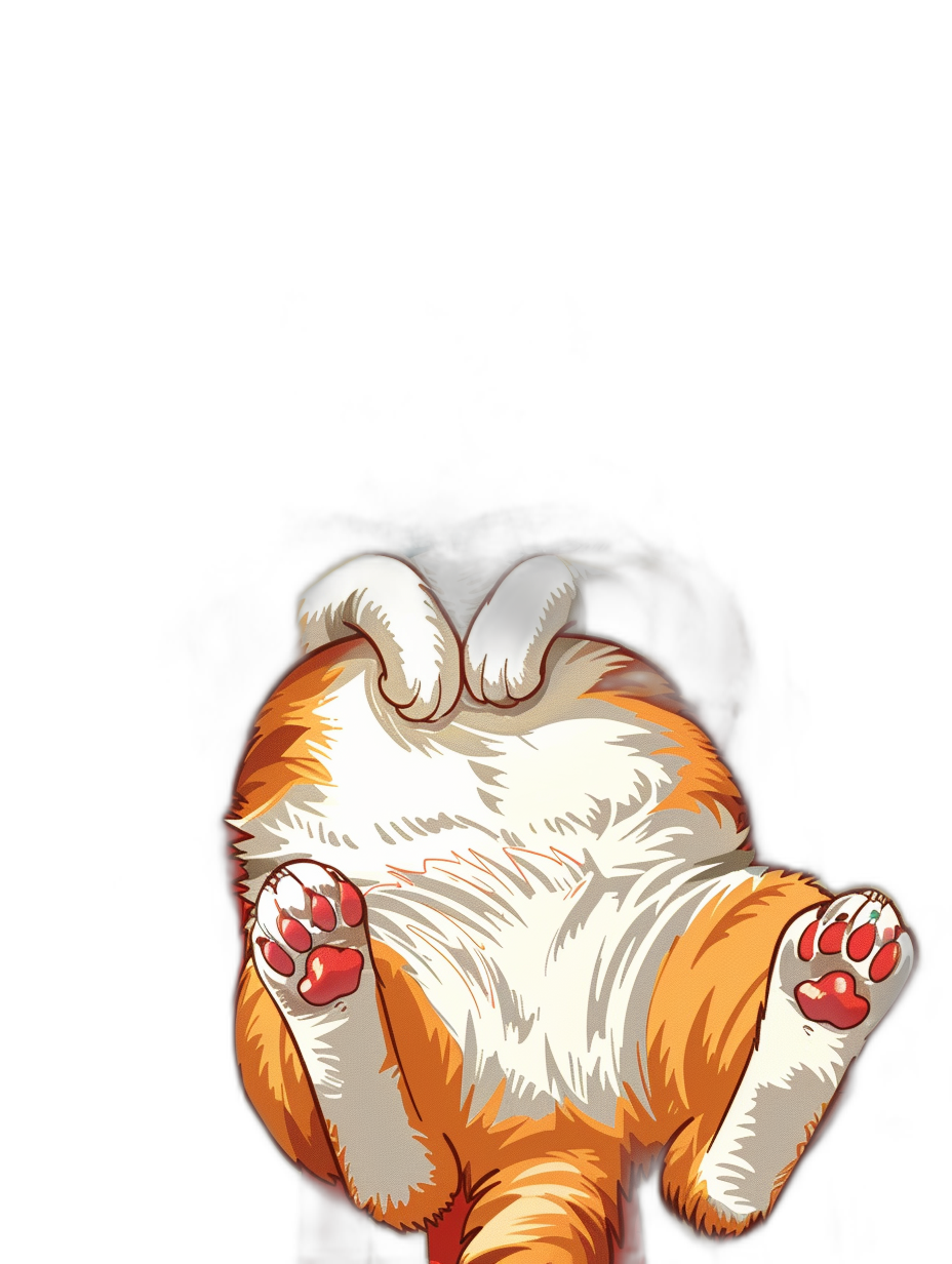 Cartoon style, cute fat orange and white cat’s back paws sticking out, pure black background, cute anime style, high definition