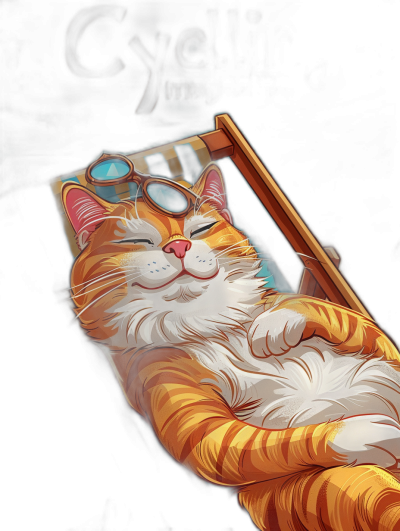 A smiling yellow and white cat lies in an orange wooden chair with blue sunglasses on, in the style of Pixar, cartoon, cute cat, text "C cats magazine", black background, dark color palette, hyper realistic, cinematic, poster design.