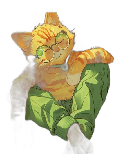 A cute orange cat, wearing glasses and green , lying on the black background with its eyes closed. It is depicted in the style of anime with detailed character illustrations. The artwork features a flat illustration design, full body portrait, and high-definition resolution. In a digital art style, it has soft lighting and high contrast colors.