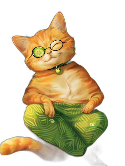 Illustration of an orange cat with glasses and a cucumber on its forehead, sitting in green pants on a black background, in the cartoon style, cute, detailed, digital art, high resolution