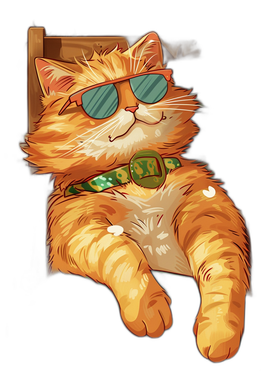 t-shirt design, vector cartoon of an orange cat wearing sunglasses and sleeping in the chair with a green bandana around its neck on a black background, in a full body shot.