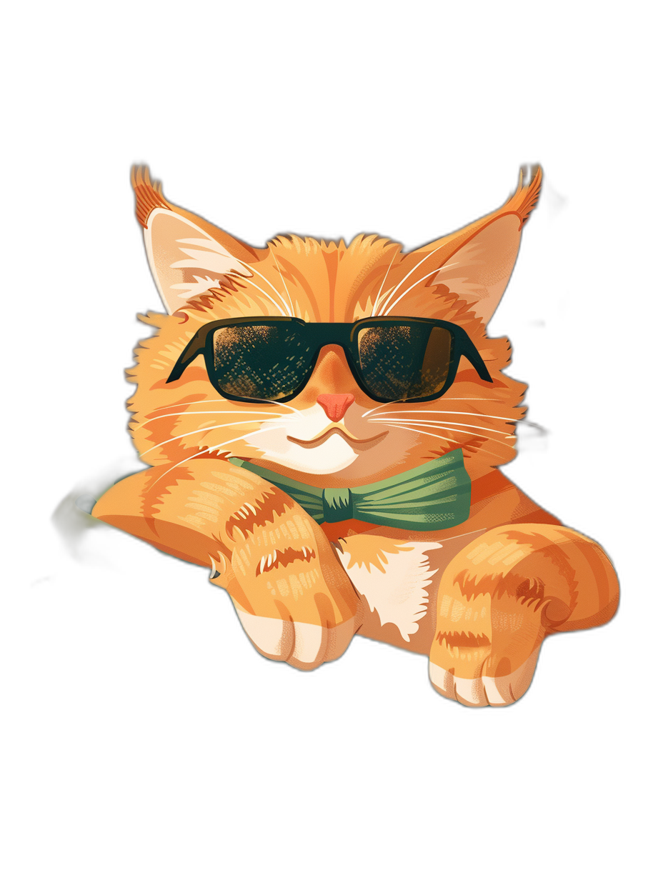 Cute cartoon orange cat with sunglasses and a green bow tie, vector illustration on a black background in the cute cartoon style with a colorful design, high resolution, professionally lit, professionally photographed with ultra clear details and perfect quality.