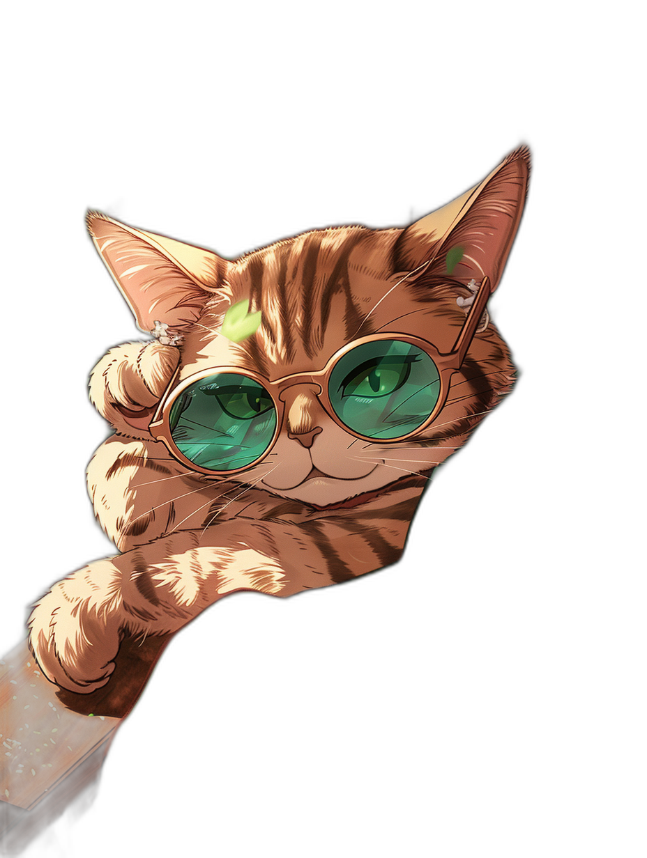 A cat with green eyes wearing sunglasses, reaching out towards the viewer, isolated on a black background, in the style of anime, digital art in the style of [Studio Ghibli](https://goo.gl/search?artist%20Studio%20Ghibli) and [Makoto Shinkai](https://goo.gl/search?artist%20Makoto%20Shinkai), portrait of an orange tabby, cute cartoon design, trending on Behance, character concept art, in profile view, with an anime aesthetic, holding up his hand to touch you, adorable, detailed artwork, retro manga illustration style, full body portrait, anime cat, fangtong, in the style of [Hayao Miyazaki](https://goo.gl/search?artist%20Hayao%20Miyazaki).