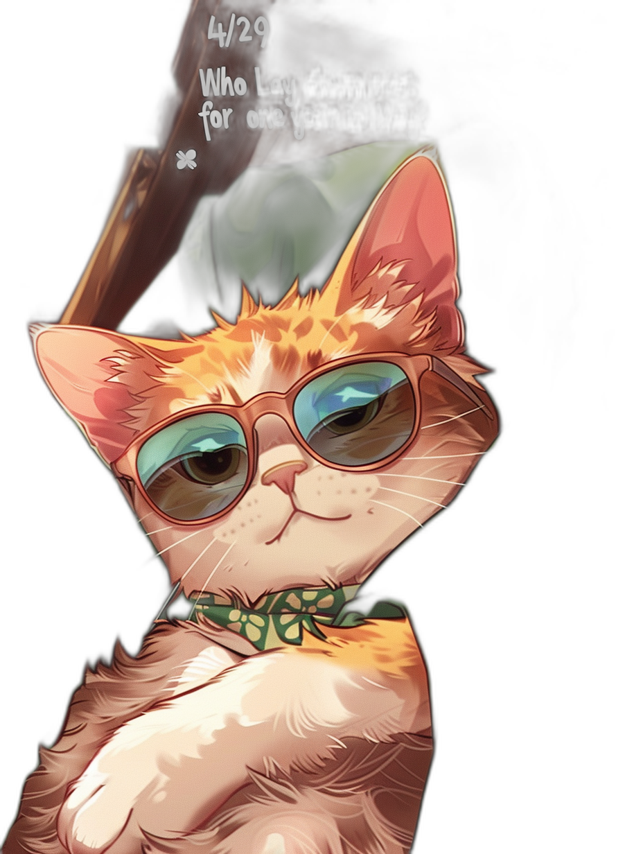 A cute cat wearing sunglasses and a green hat with the text “4/29 who lay down for one year in May?” on a black background, in the style of Genshin Impact, with a cool expression.