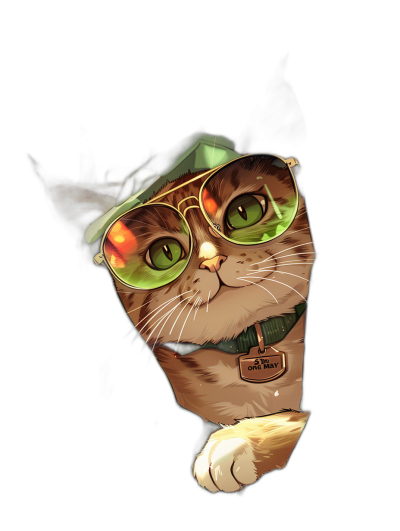 A cute cat wearing green glasses and a hat peeking out from behind the black background, in the game art style, vector illustration, digital airbrush painting, bold yet subtle, with dark yellow and light amber colors, high resolution, and detailed character design.