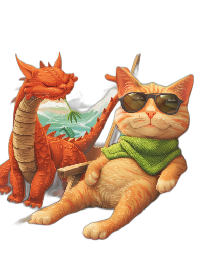 t-shirt design, Cool Orange Cat with sunglasses and green scarf sitting on a beach chair next to an orange dragon relaxing together, simple vector illustration of full body characters in retro style colors isolated on a black background, detailed character illustrations, 32k ultra high resolution, digital airbrush painting in the style of retro colors