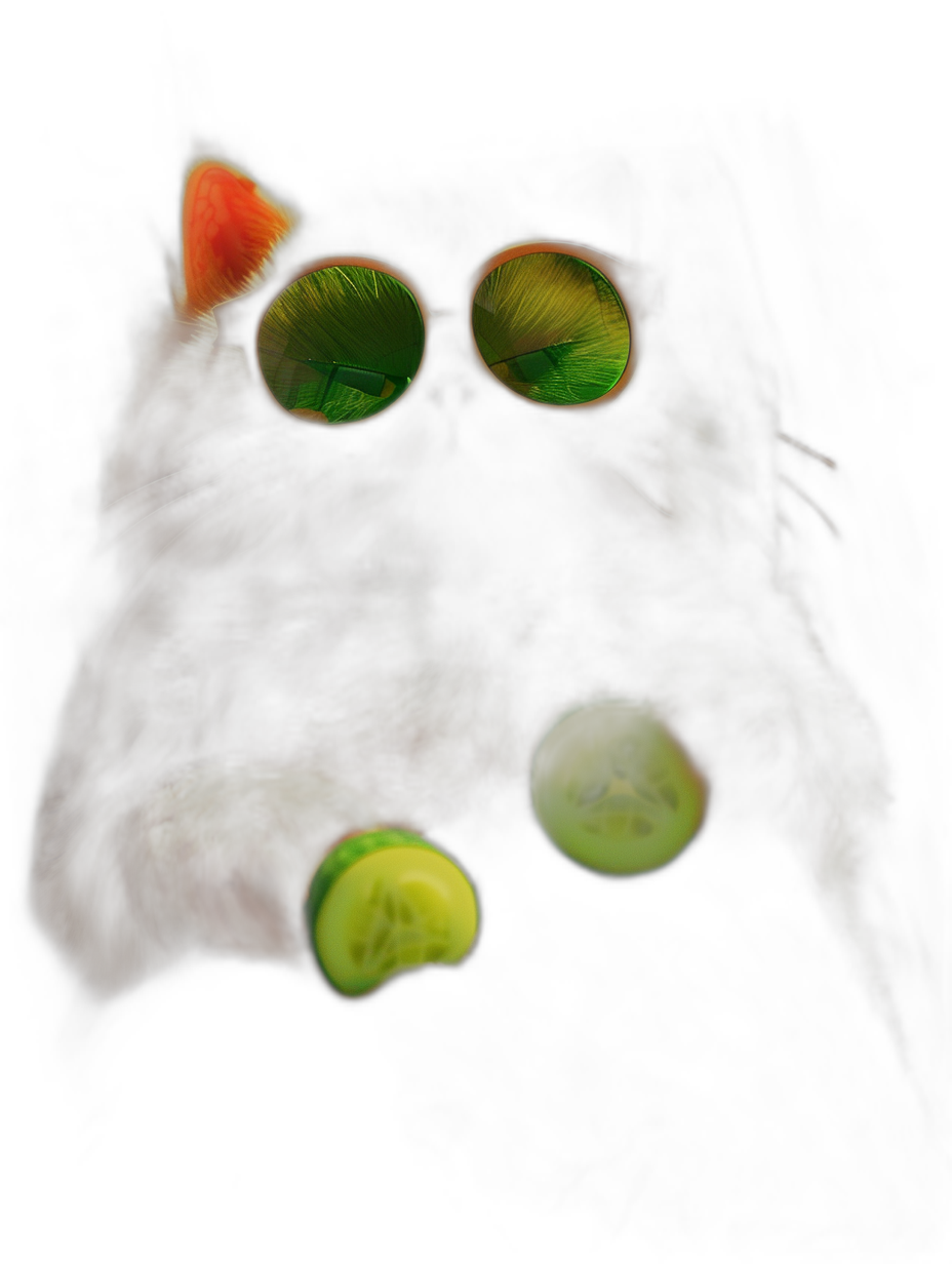 a black cat with round green glasses and two cucumber in its paws, dark background, macro photography, soft light, colorful, high resolution, hyper realistic, hyper detailed,