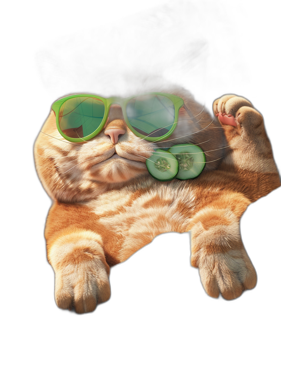 funny fat cat with green sunglasses holding a cucumber lying on a black background, in the photorealistic style of hyperrealism with a full body shot at high resolution and high details, with cinematic lighting rendered in Octane and professionally photographed.