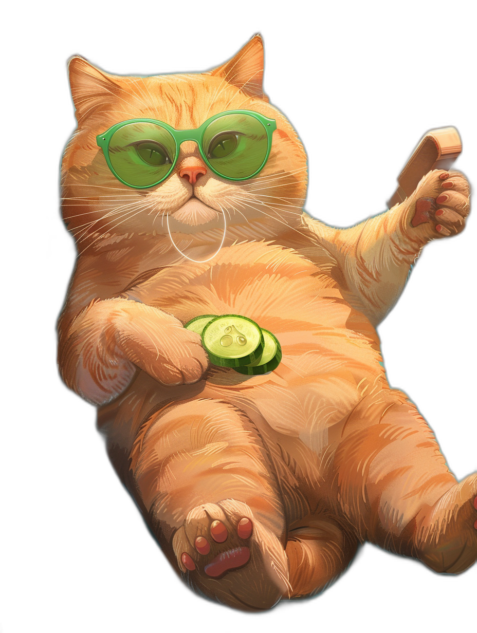 A full body illustration of an orange fat cat with green sunglasses, eating cucumber and giving a thumbs up on a black background, digital art in the style of [Kevin Wada](https://goo.gl/search?artist%20Kevin%20Wada) and in a kawaii anime style, high resolution, high quality.