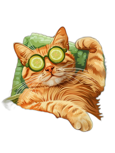 t-shirt design, Cool Orange Cat with Cucumbers on eyes lying down, simple vector illustration bylitte black background, the cat is sitting in front of green pillow and wearing cucumber slice glasses, portrait view