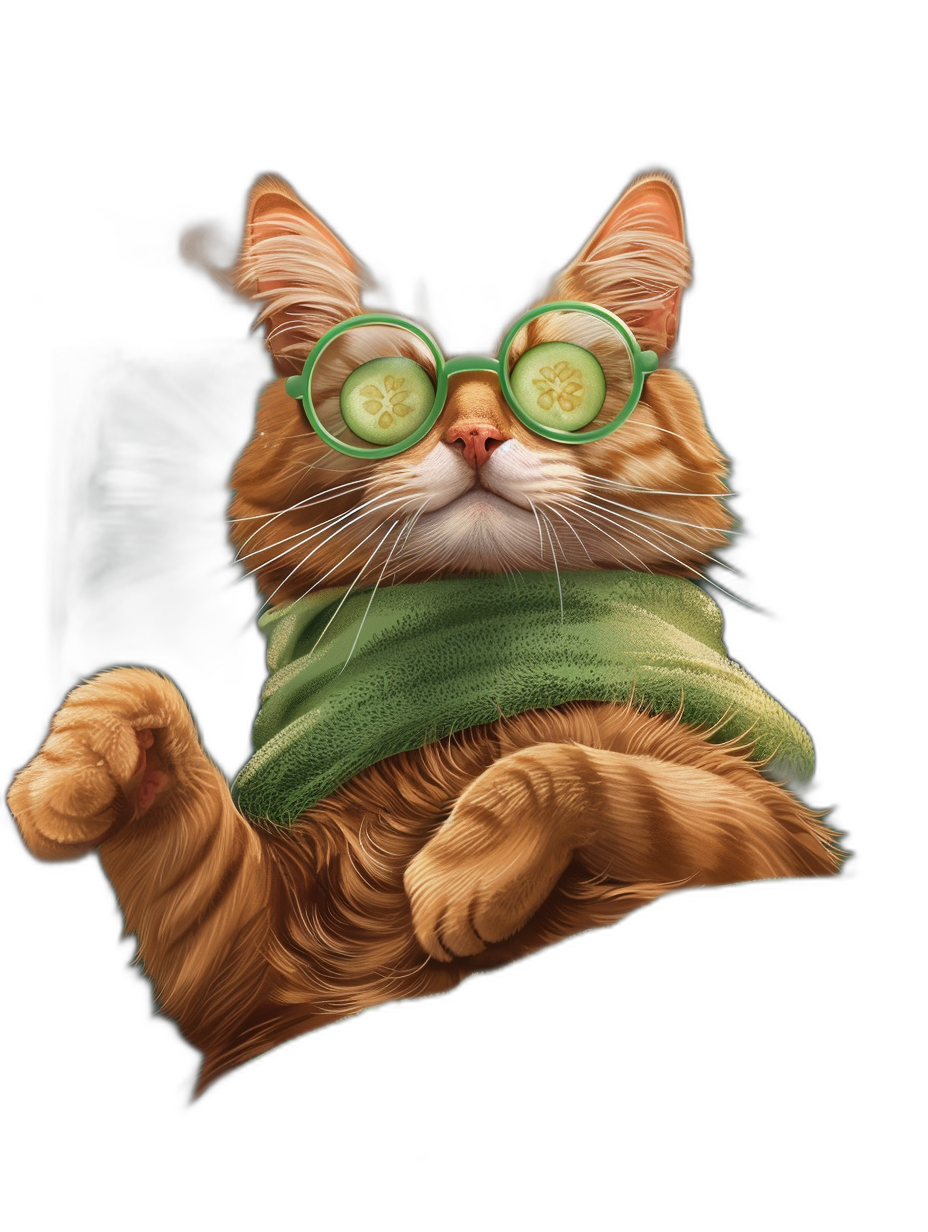 digital art of cute and fat orange cat wearing green round glasses, the eyes is covered with cucumber slice , Wearing dark turquoise knitted scarf, holding one paw up to face, black background, full body