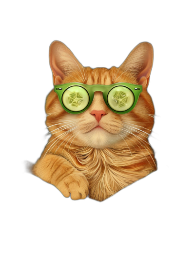 illustration of cute ginger cat with cucumber on eyes, green glasses, isolated black background, high resolution