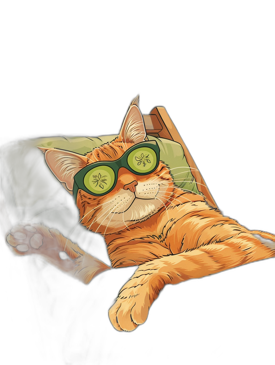 digital art of a cute and fat orange cat wearing sunglasses, the kitten is lying on an armchair with a black background, the eyes covered in the style of cucumber slice, minimal style, chill vibe