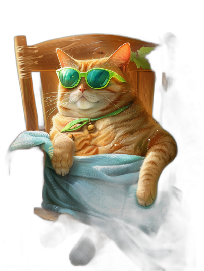 digital art of a cute and fat orange cat, wearing green sunglasses, sitting on a chair with a blanket over its body against a black background, a digital painting in the style of Disney.