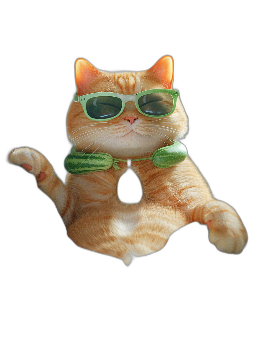 A cute orange cat, wearing green sunglasses and a watermelon tie around its neck, floating in the air on a black background, in the style of photorealistic, in a full body shot.