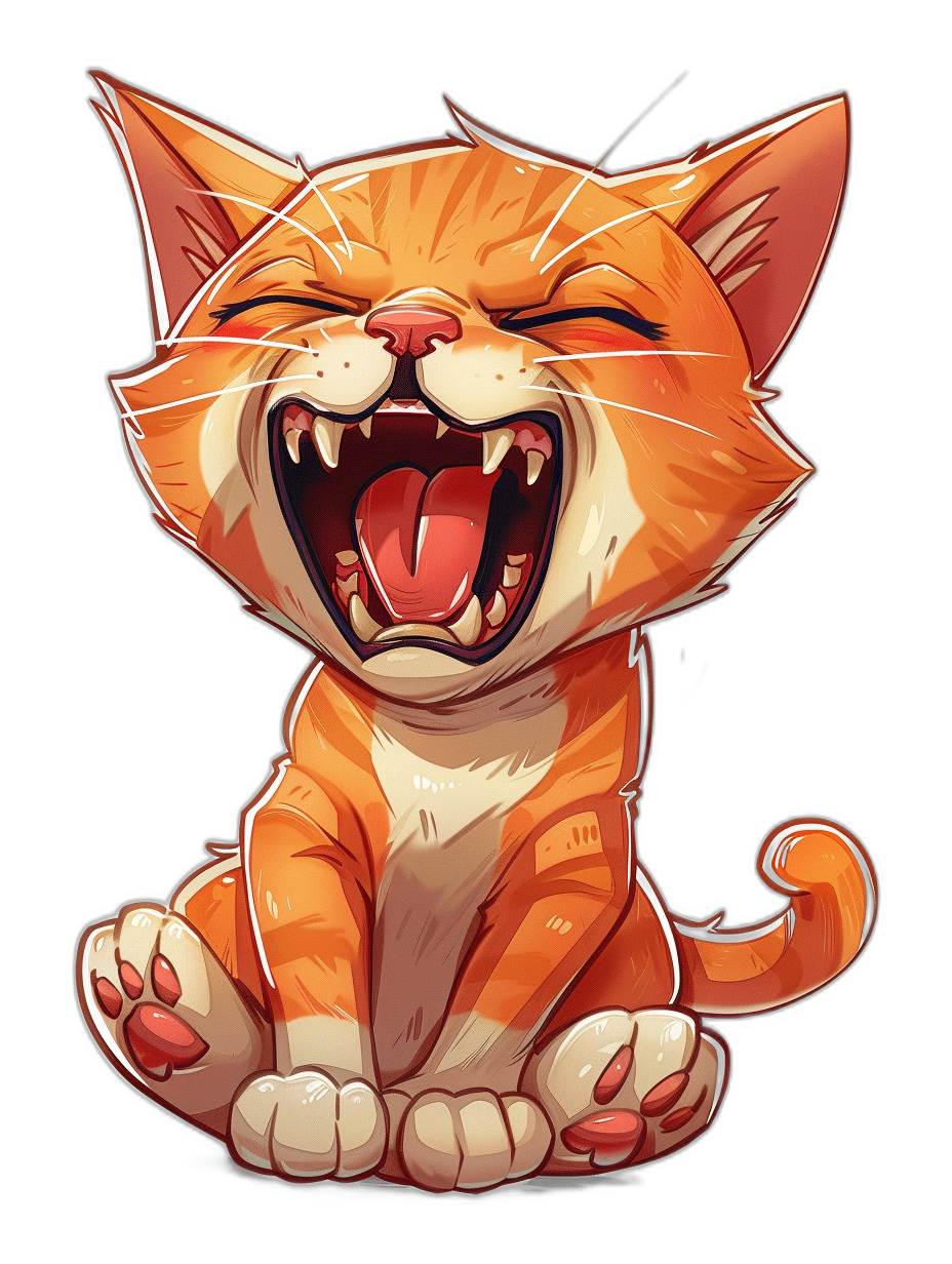 Cute cat laughing, vector illustration for t-shirt design, clear black background on the back of his head is visible in the style of a sticker, full body of a ginger cute kitten smiling with open mouth and white teeth showing from ear to tail, cartoon character concept art, detailed rendering, high resolution photograph with natural lighting and professional color grading, sharp focus, in the style of a hyper-realistic render, hyper-detailed, octane render style, wide angle view.