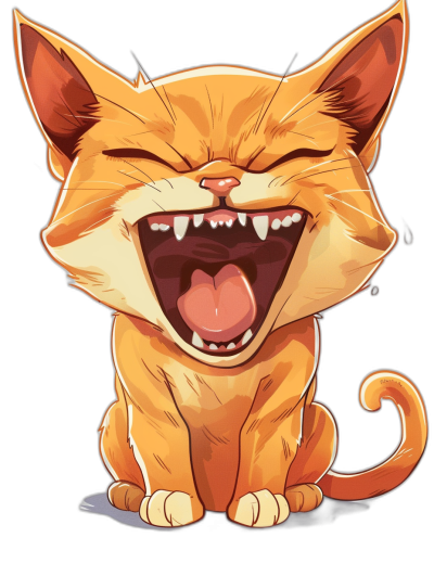 A cute happy cat laughing with teeth, cartoon style vector illustration sticker isolated on black background, vector art in the style of Kienan Lafferty and from the dungeons & dragons universe.