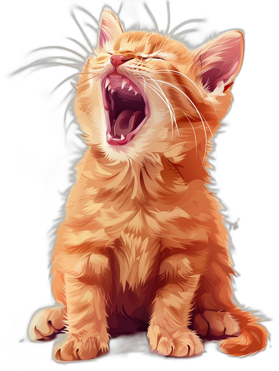 A cute ginger cat, sitting up and howling with its mouth open wide, in the style of vector art, black background, digital painting, high resolution