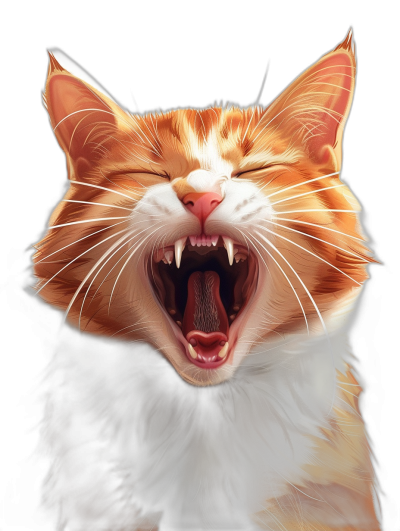 realistic digital illustration of an orange and white cat, cute face with open mouth laughing very hard showing teeth, pure black background, portrait view