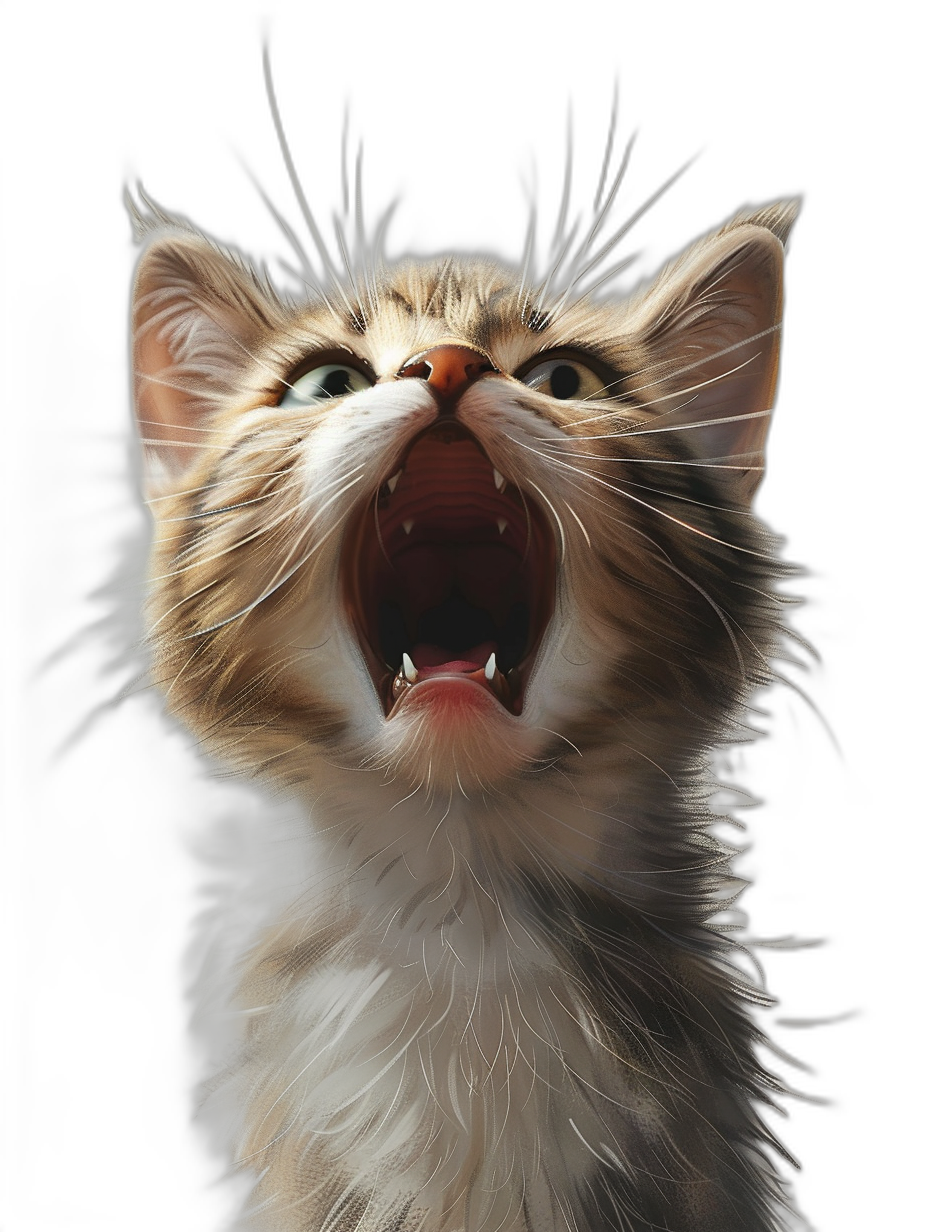 realistic digital illustration of an adorable kitten meowing, isolated on black background, detailed and sharp focus