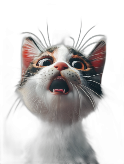 front view, surprised cat with open mouth, black background, Pixar style, digital art