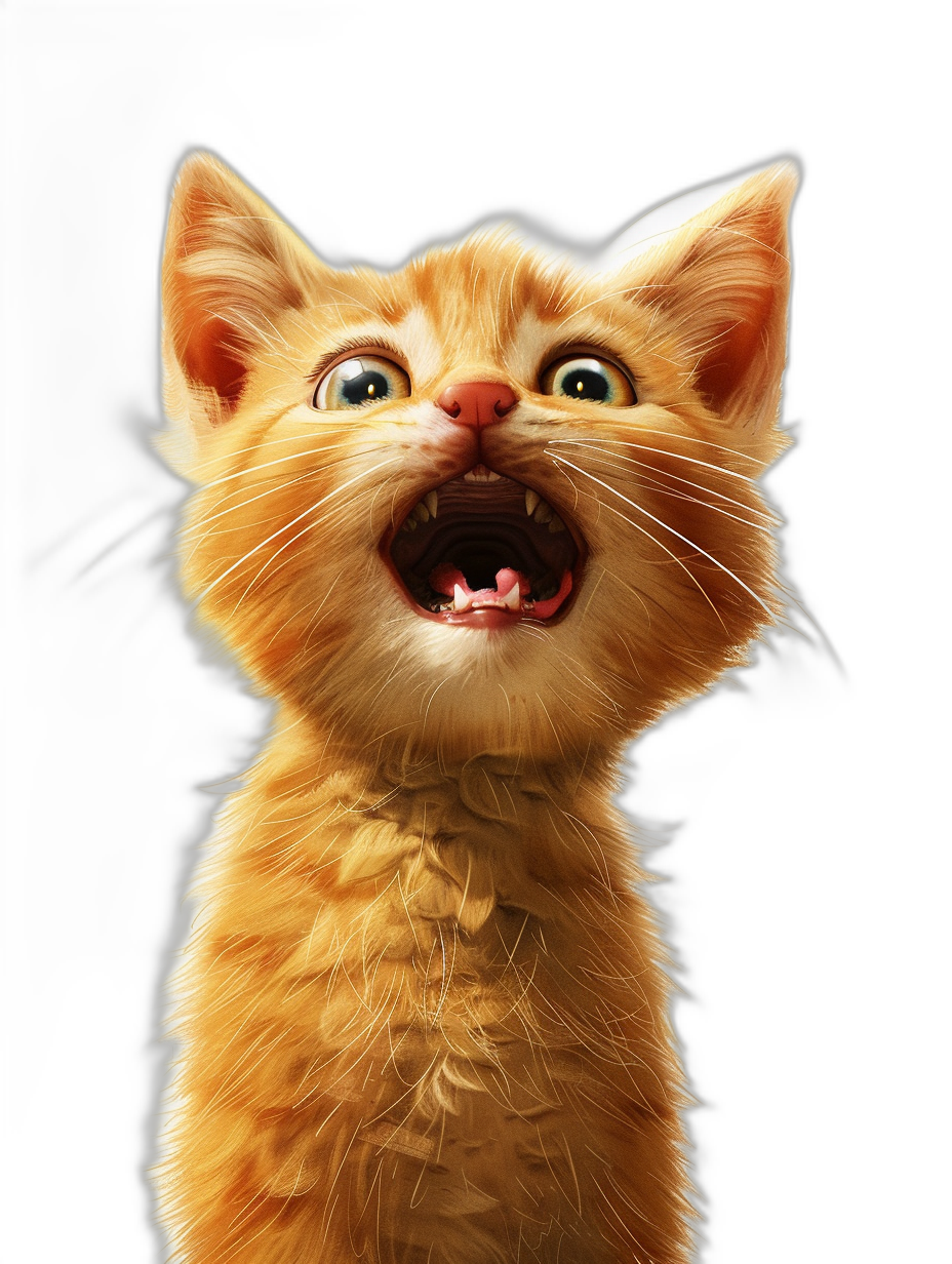 smiling cute ginger cat with open mouth, in the style of Pixar, Disney render, black background, hyper realistic