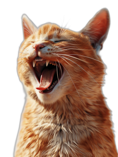 A red cat laughing and yawning, 3D render in the style of octane render, hyper realistic, black background.