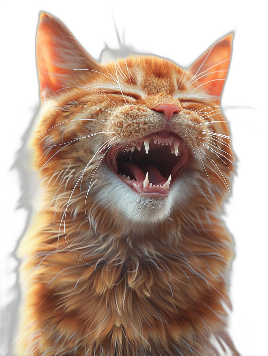 a happy smiling ginger cat with teeth showing, hyper realistic, black background, digital art by [WLOP](https://goo.gl/search?artist%20WLOP) and Pixar, hyper detailed