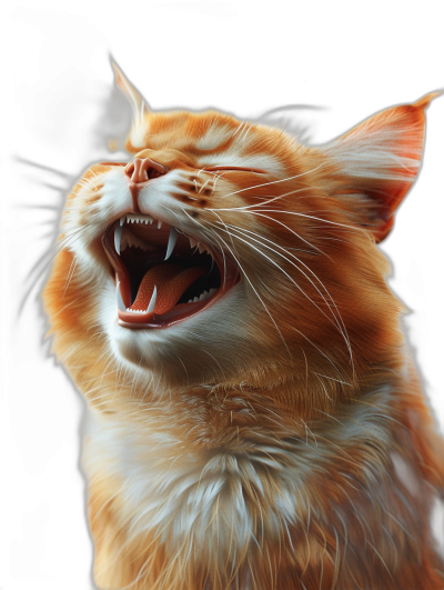 realistic digital illustration of an orange cat with white highlights, mouth open and showing teeth, against a pure black background, close up portrait in the style of cinematic art, concept character design