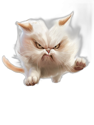 realistic digital illustration of an angry white Persian cat jumping on a black background, character design in the style of cute and adorable