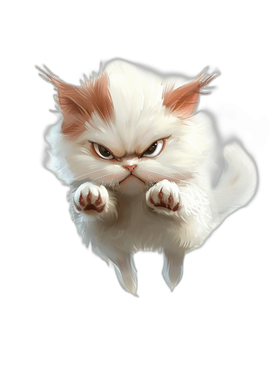 A cute white and brown cat with an angry expression, flying in the air against a black background, in the style of 2D game art with anime aesthetics and a detailed character design. The digital painting has realistic rendering details and is of high resolution and quality.