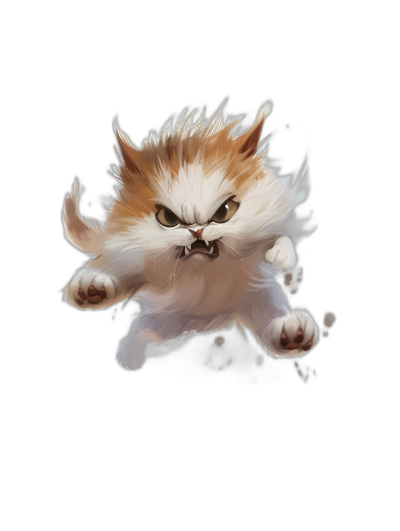 A flying cute Persian cat with an angry facial expression in a simple design against a black background in a cartoon style, digital art in the style of [Sui Ishida](https://goo.gl/search?artist%20Sui%20Ishida) and [Artgerm](https://goo.gl/search?artist%20Artgerm), fantasy creature concept art.