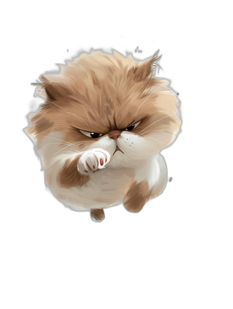 realistic chibi Persian cat, white and brown fur color, jumping in the air with an angry face, vector illustration in the style of dark background